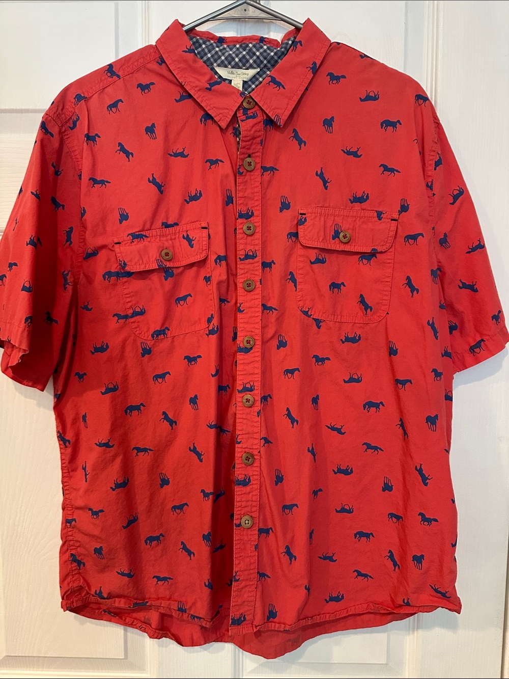 Matilda Jane Red Short-Sleeve Button-Down Shirt with Blue Horse Print